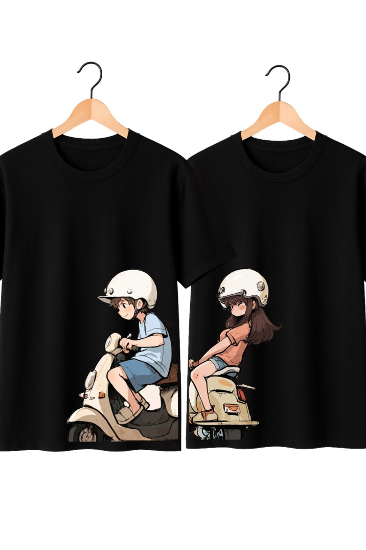Couple on Scooty Oversized T-Shirt – Ride Together, Vibe Together